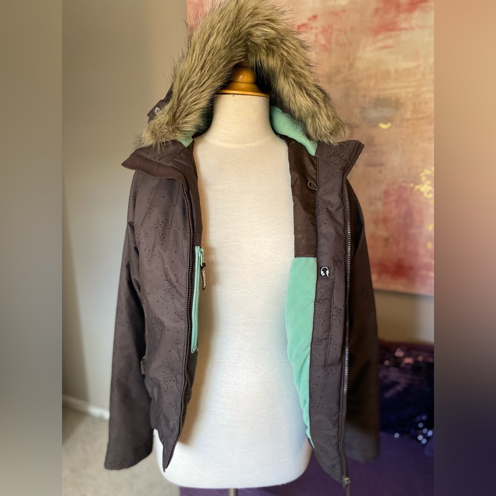 powder room CORE polar fleece snowboarding/ski jacket brown w/faux fur hood Med - Picture 13 of 15